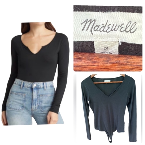 Madewell Tops - Madewell Pointelle Split-Neck Long-Sleeve Thong Bodysuit Cotton Blend Medium